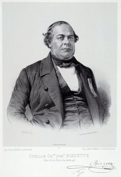 フランスにおける奴隷制廃止の偉大な支援者であるマルティニケスの政治家、シリル・シャルル・オーギュスト・ビセット（1795-1858）の肖像。19世紀のシャルトルのエングレービング、ボザール美術館蔵 作： French School
