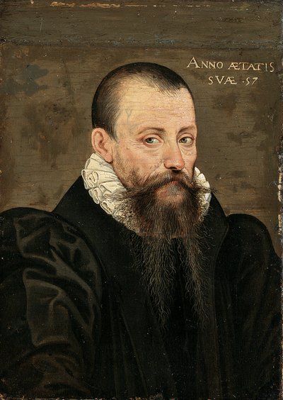 ミシェル・エイケム・ド・モンテーニュ (1533-1592) の肖像、57 歳、半分の長さ、黒い衣装と白い襟 (パネルに油彩) 作： French School