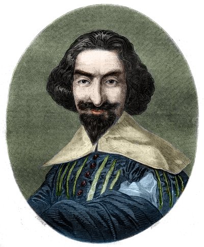 スペインの作家、ミゲル・デ・セルバンテス・サアベドラ（1547-1616）の肖像。ベラスケスの絵から1852年に作成された版画。 作： French School