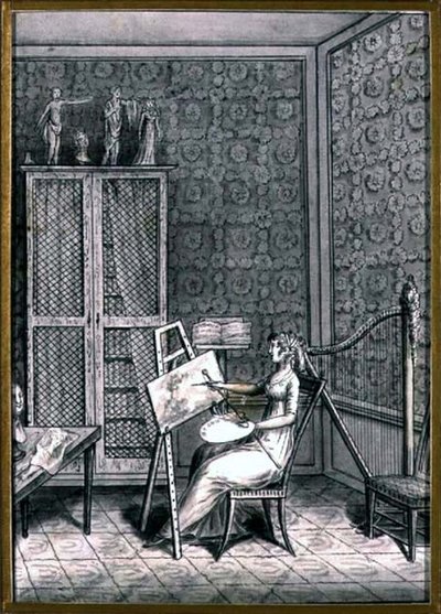 アトリエでのマリー＝アンヌ＝マルグリット・ジェラール夫人（1761-1837）の肖像、1790年頃（紙にペン、インク、ウォッシュ） 作： French School