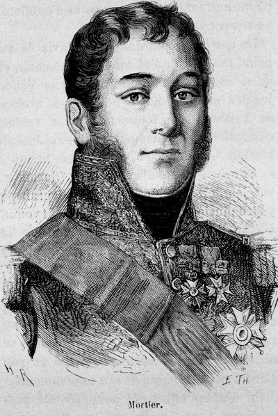 フィエスキの攻撃で戦死したフランス元帥、トレヴィーゾ公爵モルティエ（1768 - 1835）の肖像 - アンリ・マルタンの「フランス史」より 作： French School