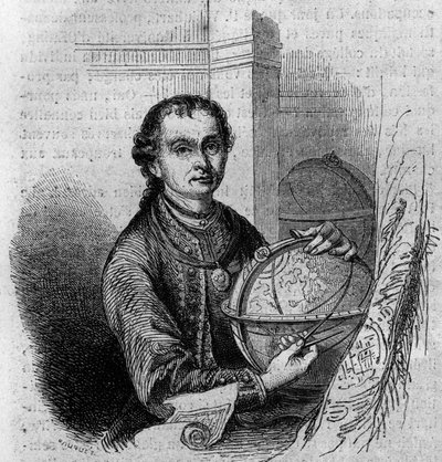 地球儀とコンパスを手にしたチロルの天文学者・カルトグラファー、Pierre (Peter) Anich (1723-1766)の肖像。"Le Magasin picturesque "に掲載された版画。 作： French School