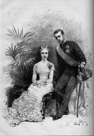 ベルギーのステファニー王女（1864-1945）とオーストリアのロドルフ大公（1858-1889）の肖像。1880年5月29日付「Le Monde Illustré」1209号に掲載されたエングレーヴィング。 作： French School