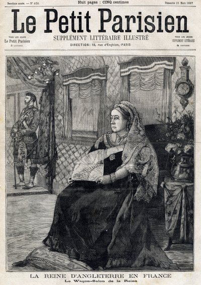ワゴン・サロンでフランスを旅するイギリスのヴィクトリア女王（1819-1901）の肖像。フランスの新聞「Le petit Parisien」の一面に掲載されました。3月21日 作： French School