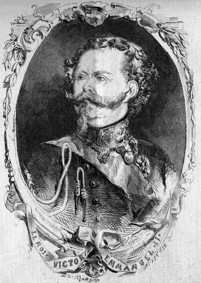 ヴィクトル・エマニュエル2世（ヴィットリオ・エマニュエル）（Victor-Emmanuel）（1820-1878）（サルデーニャ王、後のイタリア王）の肖像。1859年2月5日付「Le Monde Illustré」95号に掲載された版画。 作： French School