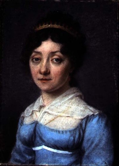 青いエンパイア・ドレスを着たブルジョワ女性の肖像」1815年頃（紙にパステル） 作： French School