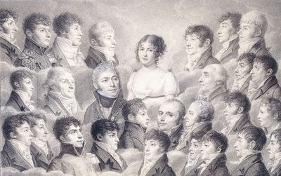 彼女の崇拝者に囲まれた若い女性の肖像画、 作： French School