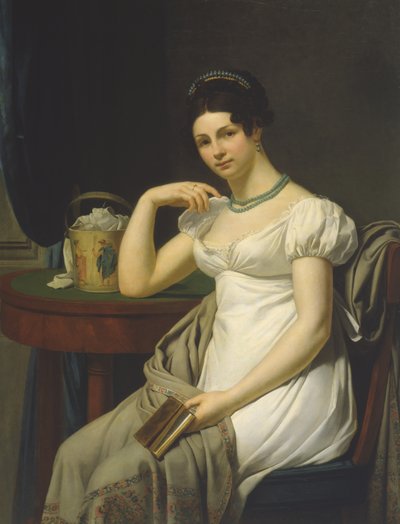 ワークバスケットとインテリアの女性の肖像画 作： French School