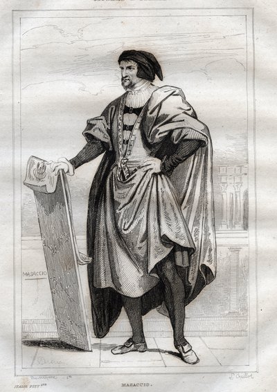 イタリア人画家マサッチョ（Tommaso di Giovanni Cassai）（1401-1428）の肖像 - M. de Norvins, Ch. Nodier 1834-1836による "Italy Picturesque" - History and Descriptive Painting of Italyからのエングレーヴィング。 作： French School