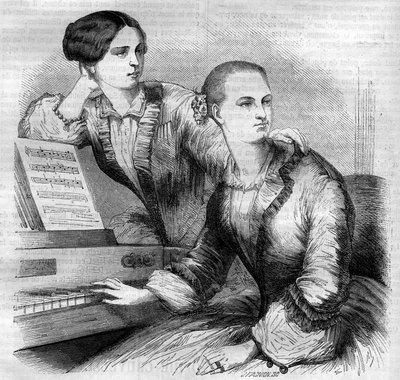 ドイツのダンサー、クルヴェリ姉妹の肖像。ソフィー・クルヴェリ（Johanna Sofia Charlotte Cruwell, dit）（1826-1907）とマリー・クルヴェリ（Friederike Marie Cruwell, dit）（1824-1868）の2人です。1852年に描かれたものです。 作： French School
