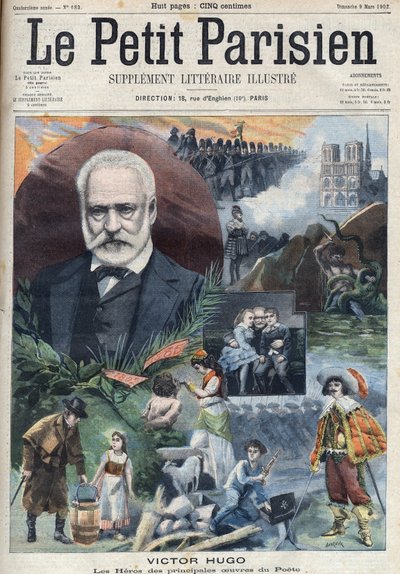 フランスの作家、ヴィクトル・ユーゴー（1802-1885）の肖像と、彼の主要作品のイラスト。"Le petit Parisien "に掲載された版画 作： French School