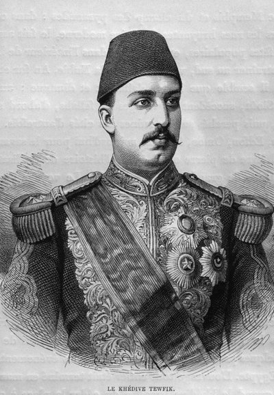 ゲオルクモリッツエバースのLEgypte（1837-98）、1881年（bw彫刻）のKhedive Tawfig（1819-92）の肖像 作： French School