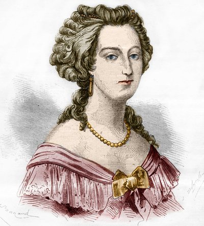 ブフラー侯爵夫人Marie Francoise Catherine de Beauvau Craon (1711-1787)の肖像。古代から現代までの世界のすべての民族における売春と放蕩の歴史」に掲載されているエングレーヴィング。-F.Debrayによる「古代から現代までの世界のすべての民族における売春と放蕩の歴史」の版画。1879. 作： French School