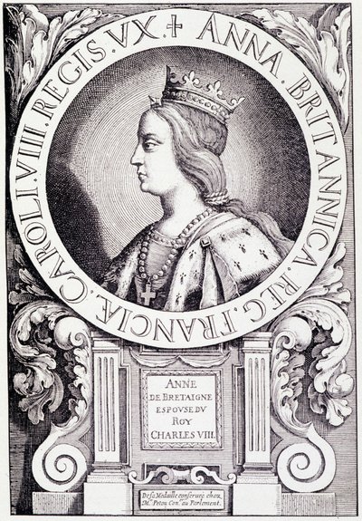フランス王妃アンヌ・ド・ブルターニュ（1477-1514）の肖像。ポール・ラクロワ著「ルイ12世とアンヌ・ドゥ・ブルターニュ」からの挿絵。ジョルジュ・フルトレル 作： French School