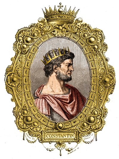 ローマ皇帝コンスタンティヌス1世（274〜337年）の肖像。モーリス・ラシャトレ著「Histoire des papes-king-queens-et-empereurs a travers les centuries」に掲載されている図版。 作： French School