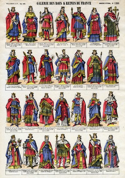 ロトワール（941-986）からルイ10世（1289-1316）までのカペー朝（Capetian dynasty）のフランス国王・王妃の肖像。19世紀末のエピナル撮影。個人蔵。 作： French School
