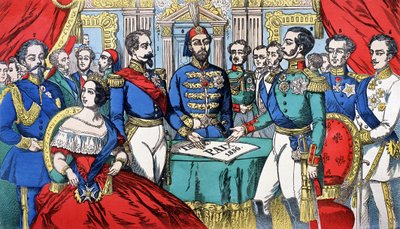 1856年の講和条約締結時のヨーロッパ各国の主権者の肖像：左からサルデーニャ王ヴィクトル・エマニュエル2世（ヴィットリオ・エマニュエル）、イギリス女王ヴィクトリア、トルコ皇帝ナポレオン3世、ロシア王アレクサンドル2世、F 作： French School