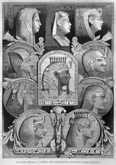 ゲオルクモリッツエバースのLEgypte（1837-98）、1881年（bw彫刻）の古代エジプトの女王と王の肖像画 作： French School