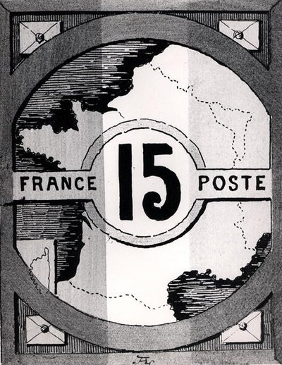 フランスの地図を描いた郵便切手、19世紀後半（リトグラフ）（モノクロ写真） 作： French School
