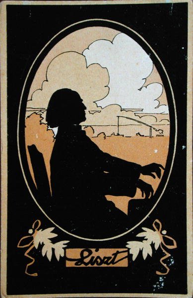ハンガリーの田園風景を背景にしたFranz Liszt (1811-86) のポストカード、1910年頃（カラーリトグラフ版） 作： French School