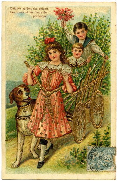 ポストカード、お願いします、子供の願いと春の花（色版印刷された紙に金メッキを施したもの 作： French School