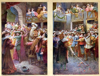 ホテルドブルゴーニュでのシラノデベルジュラックとデュエルの絵葉書、1900年頃 作： French School