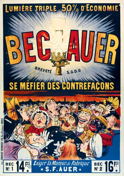 1890年、チャールズヴェルノーによって印刷された、Becauer石油ランプの広告ポスター 作： French School