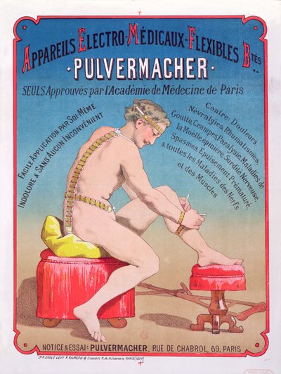 電気医療のボディマッサージと刺激装置のパルバーマッハーの広告ポスター、1884年 作： French School