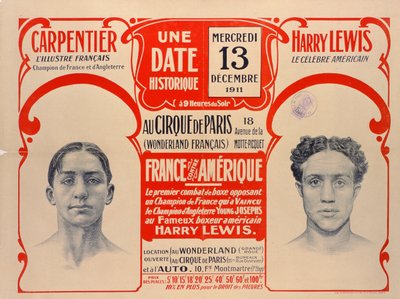 カーペンティアとハリールイスの間のボクシングの試合を宣伝するポスター、1911年 作： French School