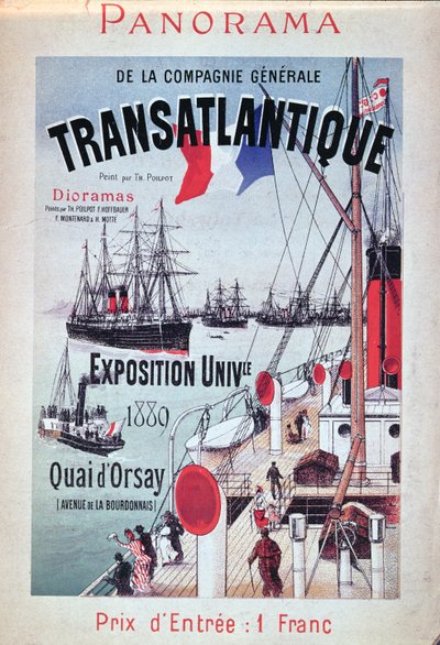 1889年の万国博覧会でのコンパニージェネラルトランスアトランティックのスタンドを宣伝するポスター 作： French School
