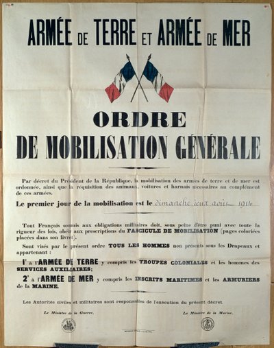 1914年8月2日、フランスの総動員を告げるポスター 作： French School