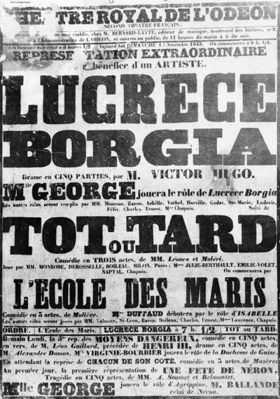1843年のオデオンでのルクレティアボルジアのパフォーマンスのポスター 作： French School