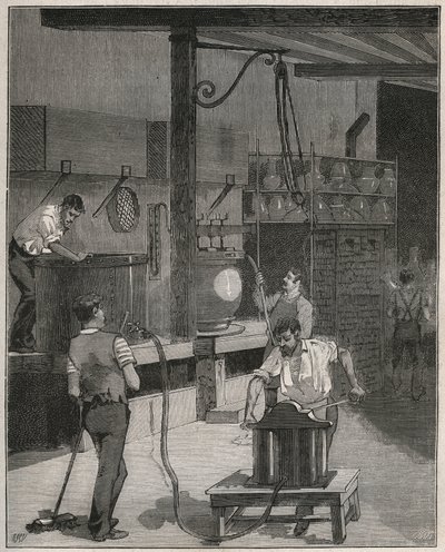 陶器、Manufacture de Sevres。真空・圧縮空気鋳造工場。Adolphe BITARDの "Les arts et metiers illustres "に掲載された1885年のエングレーヴィング。 作： French School