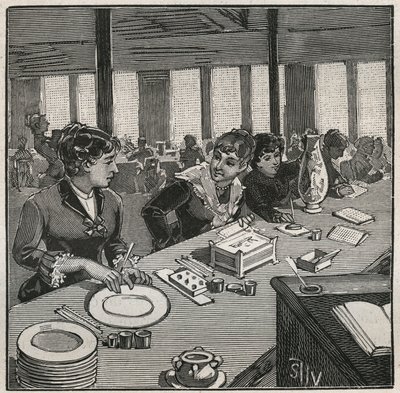 陶器：19世紀にフランスで行われた磁器の絵付けワークショップ。Adolphe BITARDの "Les arts et metiers illustres "に掲載された1880年のエングレーヴィング。 作： French School