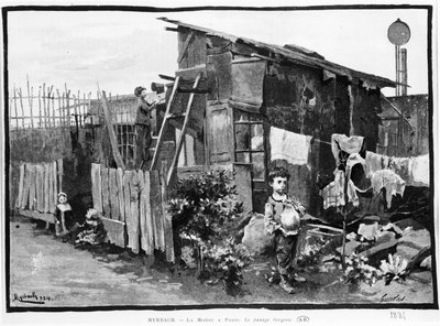 パリの貧困：スラム街、ゲルゴビーの通過点。1884.Bibl. des Arts decos. 作： French School
