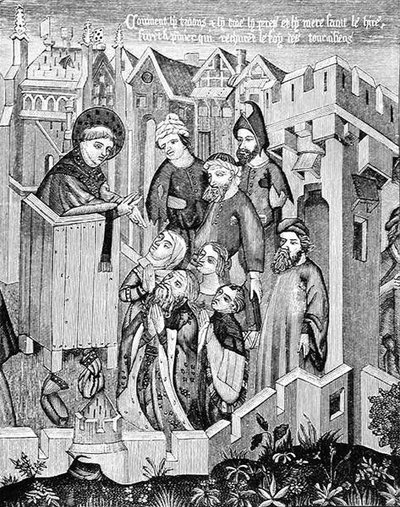1878年にポールラクロアによって書かれ彫刻された、第一次宣教師使徒の説教、中世の科学と文学およびルネサンスのイラスト 作： French School