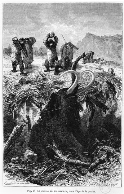 マンモスを狩る先史時代の男性、ルイフィグイエによるLオムプリミティフのイラスト、1870年、パリのアシェットを出版 作： French School