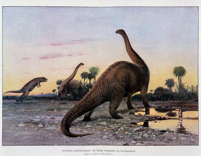先史時代の動物：ブロンタウオーサーを襲うレイラップス - 「宇宙と人類」にて 作： French School