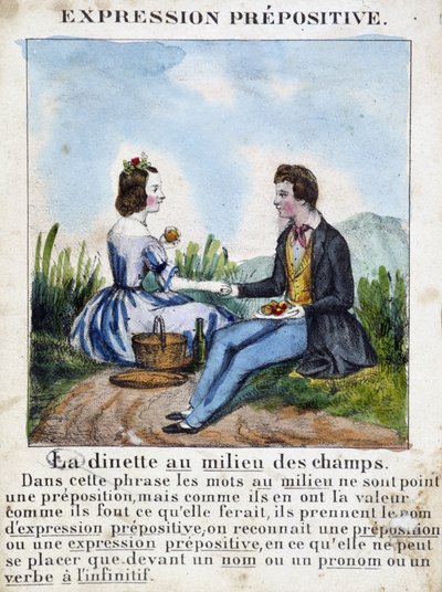 前置詞の表現（La dinette au milieu des champs） - 絵で見る文法書、1850年頃 作： French School