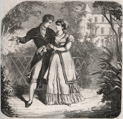 恋人のバルトロメオ・ベルガミと歩く、ブランズウィック家のカロリーナ王女（1768-1821）。ヘンリー・デ・コック（1819-1892）の『Histoire Des Cocus Celebres』に掲載された1871年のエングレーヴィング。 作： French School