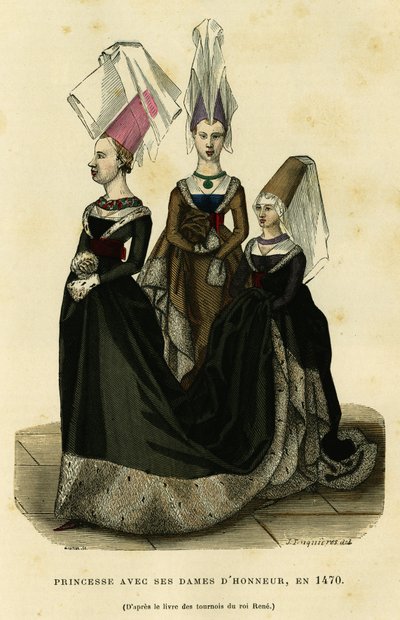 1470年頃、侍女たちと王女。1882年、パリ、オーギュスタン・シャラメル著、F.ロワ編集の「France et les francais a travers les siecles」所収のルネ王のトーナメント本に因んだカラー・エングレーヴィング。セルバ・コレクション。 作： French School
