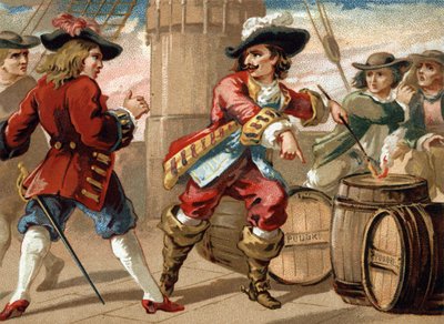 私掠船ジャン・バート（1650～1702）は、捕虜にしたイギリスの私掠船を脅して、火薬の樽に火をつけて船を爆破させた。19世紀後半のクロモリトグラフ 作： French School