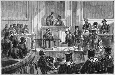 1840年に夫を殺害した罪で有罪判決を受けたフランス人犯罪者、マリー・ラファルジュことマリー・フォルチュニー・カペル（1816-1852）のプロセス - アレクシス・クレールの「誰にでもできる科学-物理学と化学」に掲載されたエングレーヴィング - 19世紀末 - 個人の所蔵品 作： French School