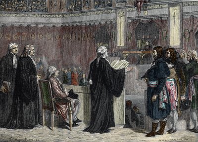 ルイ16世の行列：国民議会の代表者たちの前でのルイ16世の姿（カラー彫刻版 作： French School