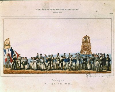 1840年6月25日、ストラスブールでのパン屋の行列（カラーリトグラフ） 作： French School