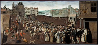 パリのサン・ジャンのアーケードを去るグレーブ広場の同盟軍の行列 エコール・フランセーズの絵画。1590年 日1x2,12 m Paris, Musee Carnavalet - パリのサン・ジャン・アーケードを出るグレーブ広場の同盟の行列。の絵。 作： French School