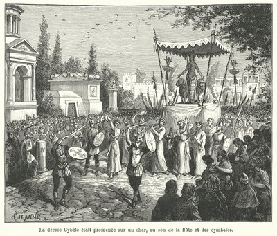 ローマの女神Cybeleの戦車の行列、それに先立つパイプ奏者とシンバル奏者（彫刻）。 作： French School
