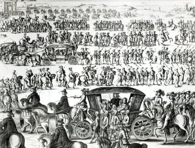 1649年8月18日、パリの街で子供としてルイ14世の若き王が登場した行列。詳細 作： French School
