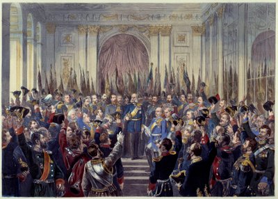 1871年1月18日、ヴェルサイユの氷の回廊にて、1870年のプロイセンとの戦争におけるフランスの敗北を受け、ドイツ帝国が宣言される。ウィリアム1世（1797-1888）が皇帝に即位。19世紀パリ、カルナヴァレ美術館 作： French School