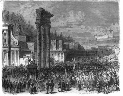 1798年のローマ共和国の宣布布。(Proclamation della repubblica romana nel 1878) モーリス・ラシャトレ著「Histoire des Papes-King-Queen-and-Empereurs a travers les centuries」に掲載されている図版。 作： French School